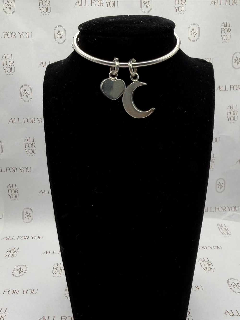 950 Sterling Silver Moon and Heart Charm Bracelet